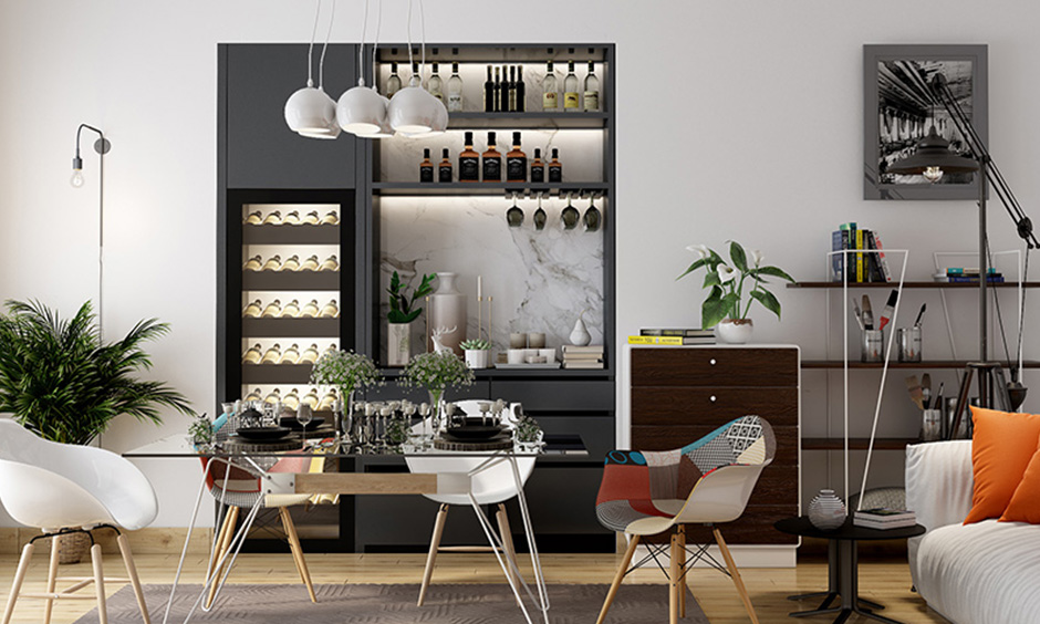 Grey home bar cabinet for modern homes that has multiple storage options and a wine cooling unit