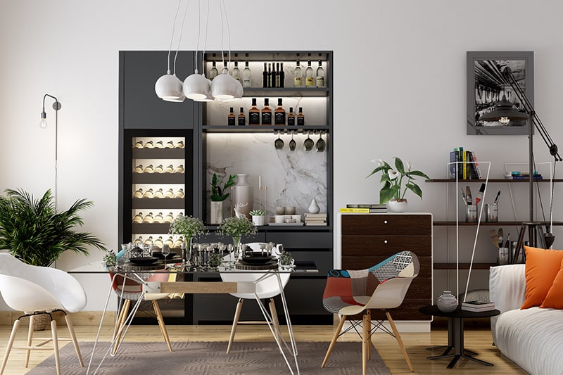 Home mini bar designs with a simple unused cabinet and home bar unit