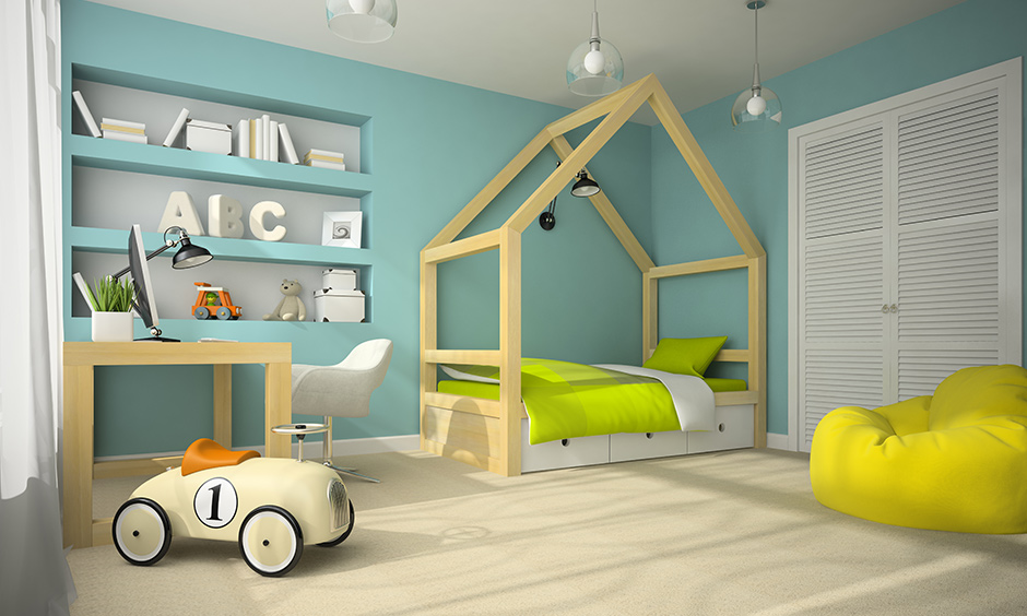 Kids bed design for your home with a wooden frame glazed in non-toxic paint with under storage options