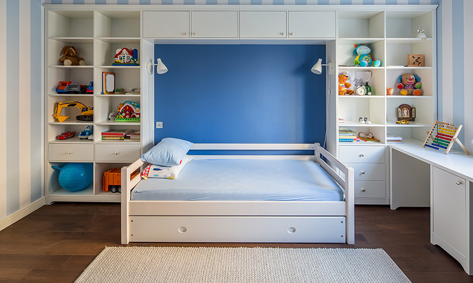 Kids bed design for boys with a space saving bed with storage with large cabinets and shelves for your home