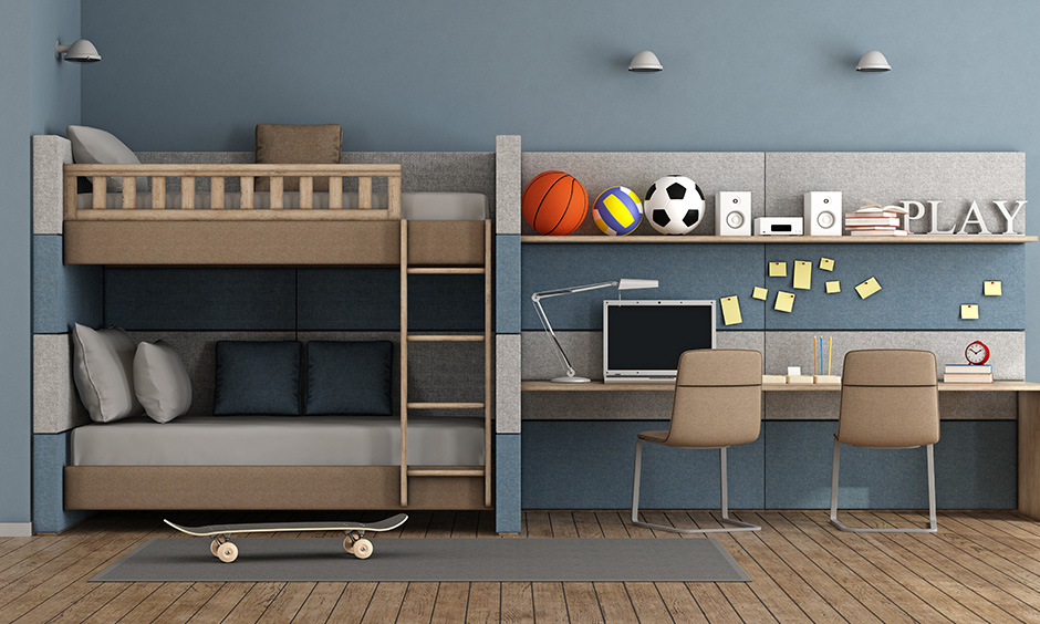 Kids bed design pictures with a twin bunk bed with storage cabinets and desk or study unit