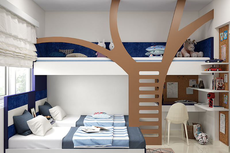 Kids bedroom decor with lovely bunkbed with tree as a ladder with a mix of brown and blue