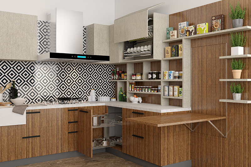 Kitchen finish with veneer made up of thin films of real wood used on used on cabinets, tops, and doors