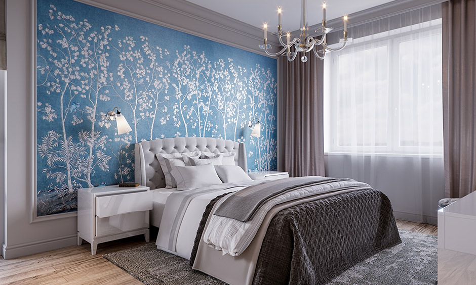 Grey bedroom colors with a stunning silver and blue backdrop are lovely combinations.