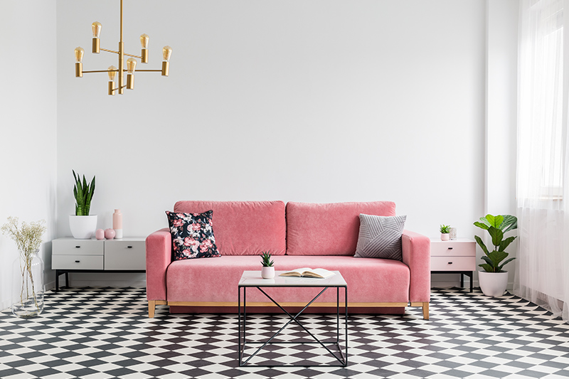 Go retro with marble floor living room with black and white checkered design.