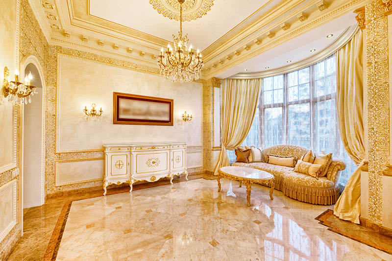 Marble tile living room ideas use warm golden hues make the hall look luminous!