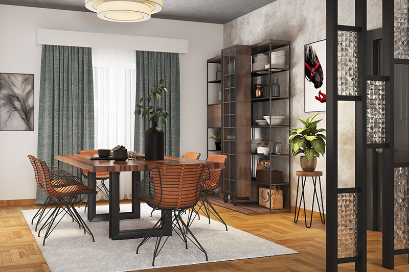 Modern dining room chairs with an industrial touch inspired wall cabinet and decor