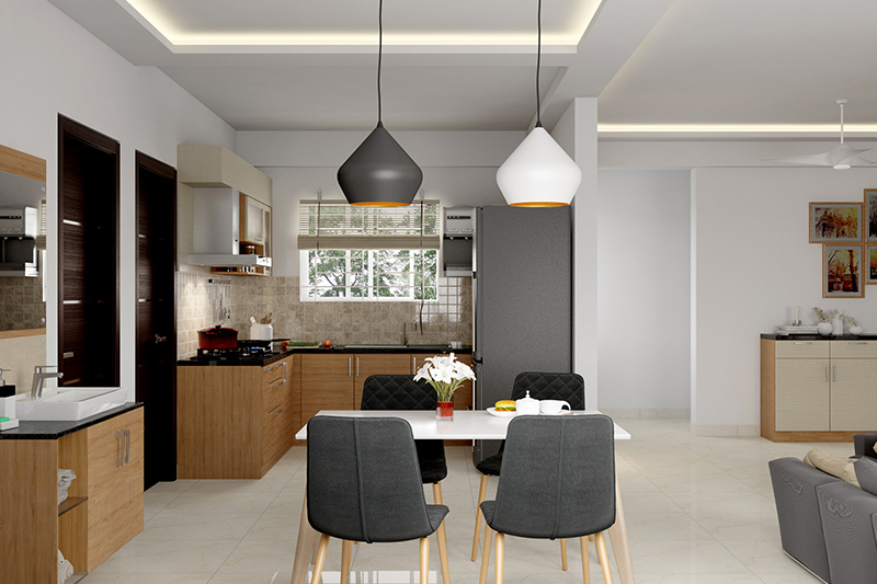 Modern dining room cum open l-shaped kitchen