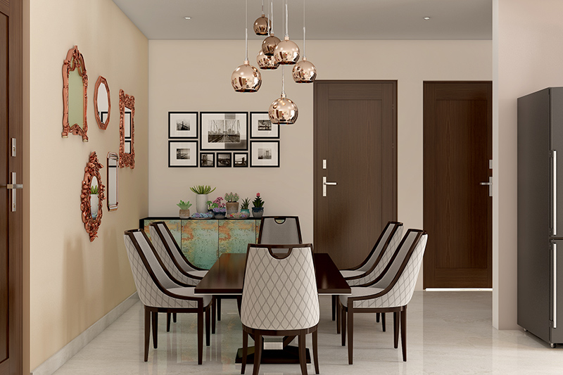 Modern dining room table with low seating arrangement and designer light