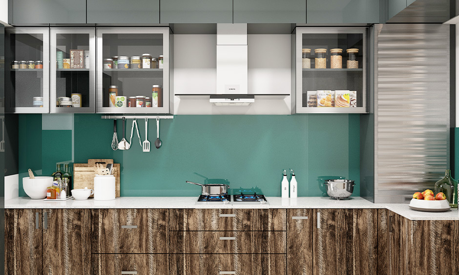 A modern rustic kitchen with cabinets in wood grain texture