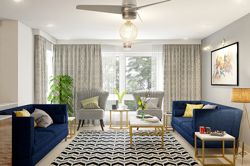 Curtains for small living room with bold grey and bright blue furniture it makes living room look classier.