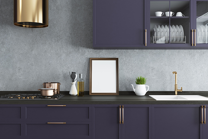 Purple colour room design where there is a purple kitchen which is modern and extremely elegant