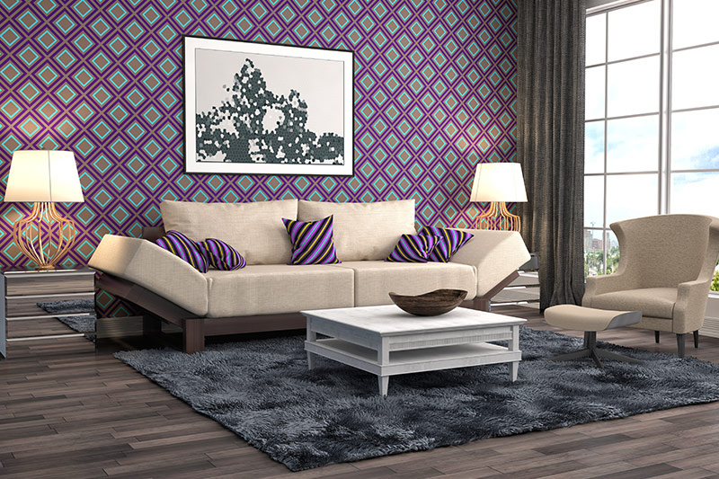 Purple paint colours for living room with a funky pattern