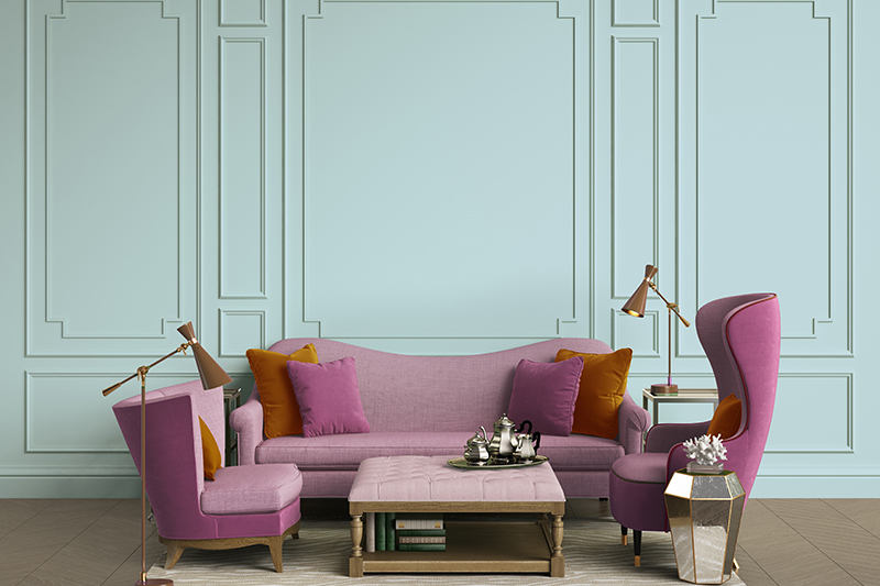 Room colour combination with purple where seating arrangement is kept beautifully subtle and classy