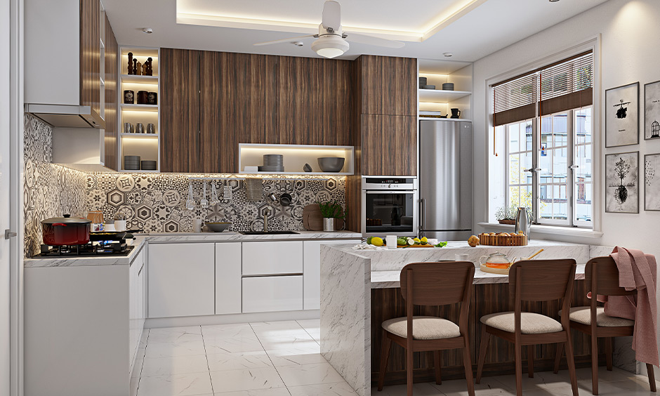 A rustic boho kitchen design with a mix of open and closed shelving