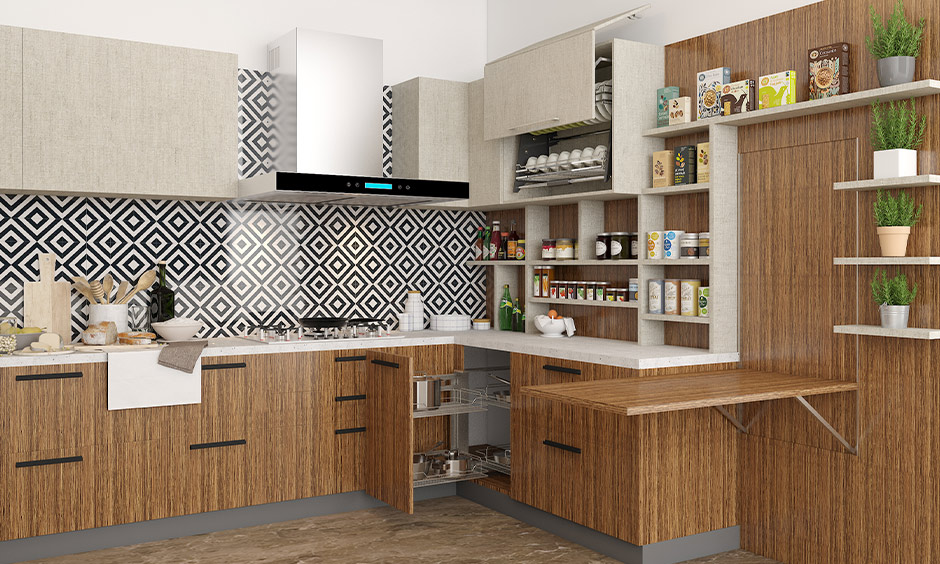 A rustic white and wood kitchen design with engineered wood flooring