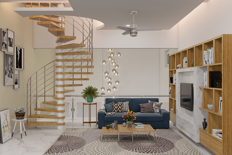 Small living room design ideas connect the room to rooms on the other floors with this stunning spiral staircase with no space.