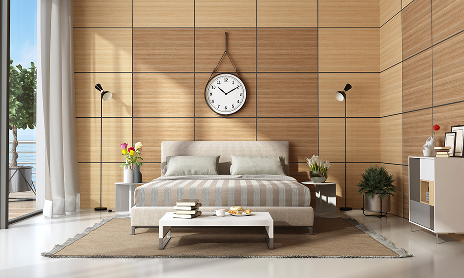 Softwood wall panel design for bedroom texture of this type is smooth, and it is also easy on the eyes.