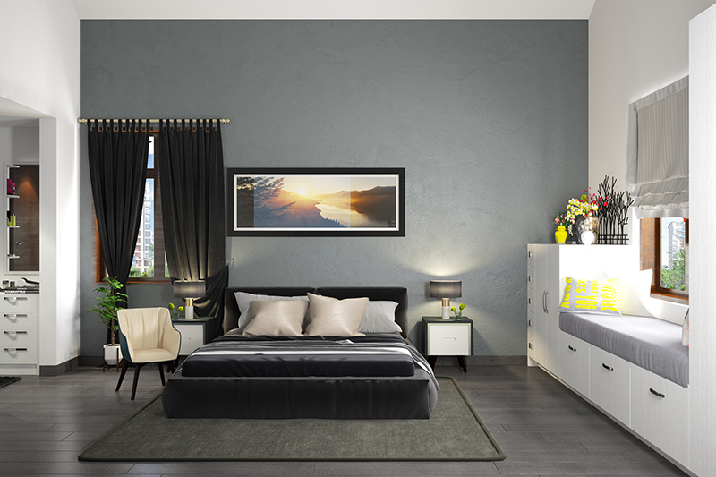 Solid grey wall color works well in a bedroom space where it creates a beckoning atmosphere.