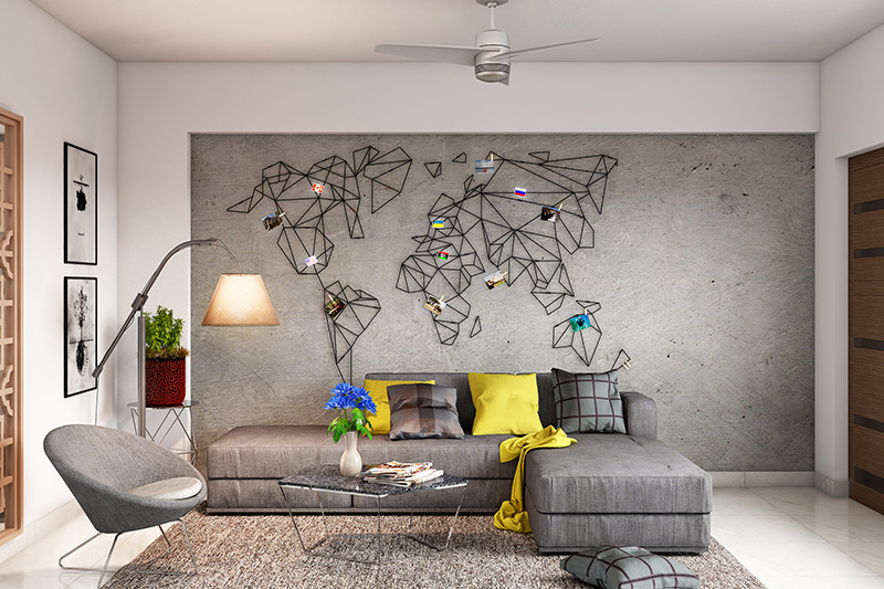 Very small living room ideas go for handcrafted steel world map that is an exciting piece of decor.