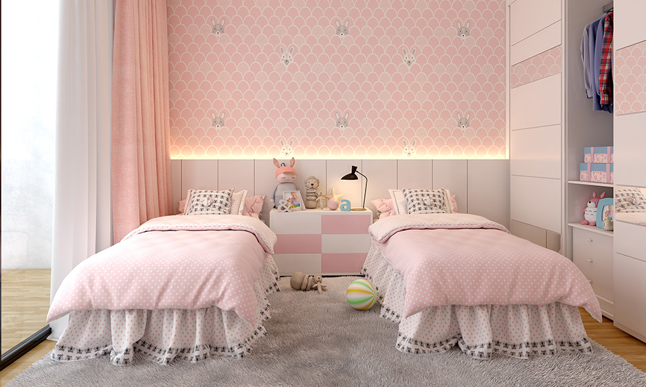 Twin bed design for kids where siblings share a single room designed with a comfortable mattress