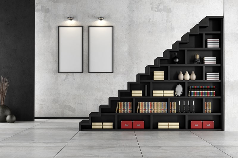 Stairs with extra shelving for extra storage under the staircase is a types of space saving staircases