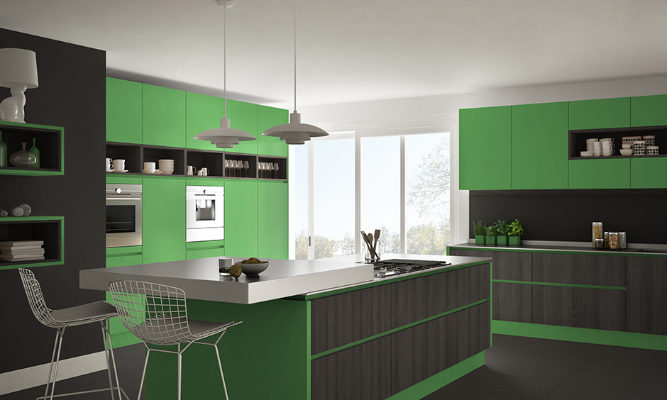 Green colour kitchen cabinets with dark grey on the walls are more likely to be attracted.