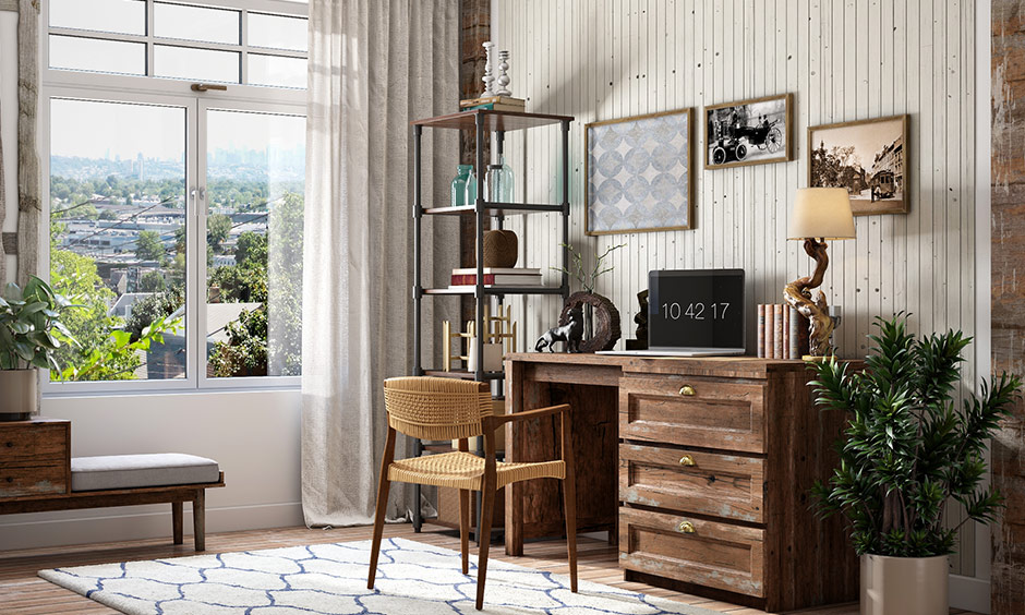 A rustic modern study room which consists of a wooden study table with storage drawers and a wooden chair 