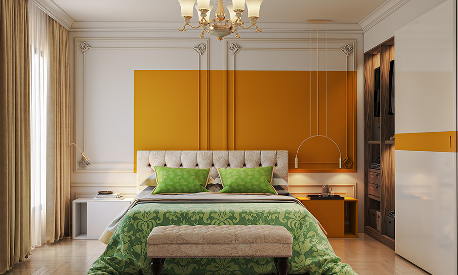 Two-toned bedroom accent wall in yellow and white infuses the texture