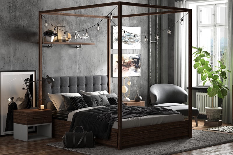 Bedroom interior colour combinations with shades of black and steel grey for industrial bedroom