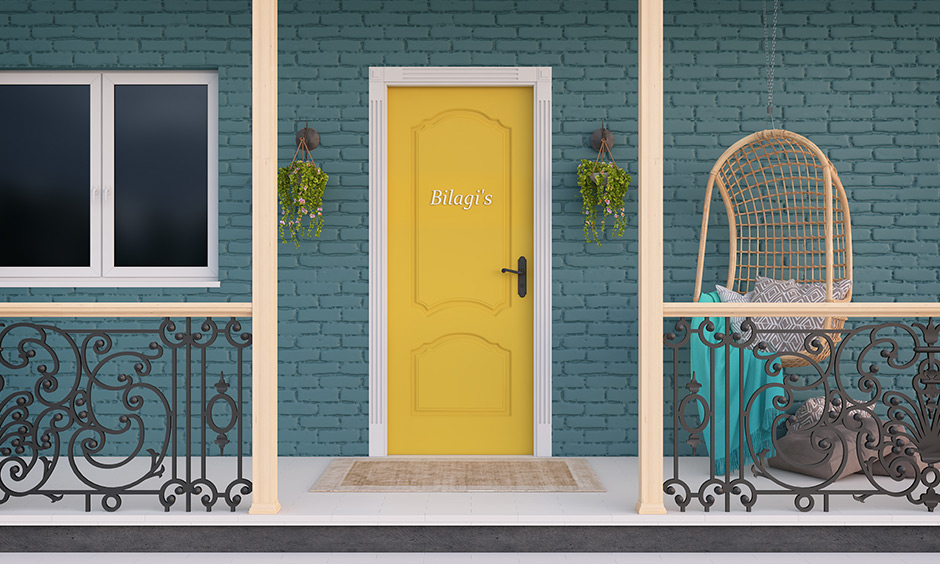 Best color to paint front door yellow and blue coloured against blue brick wall