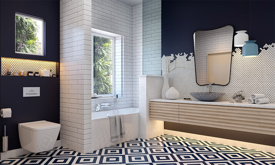 Best wallpaper for the bathroom in solid blue and white 3D textured, which makes the space look airy and visually calming