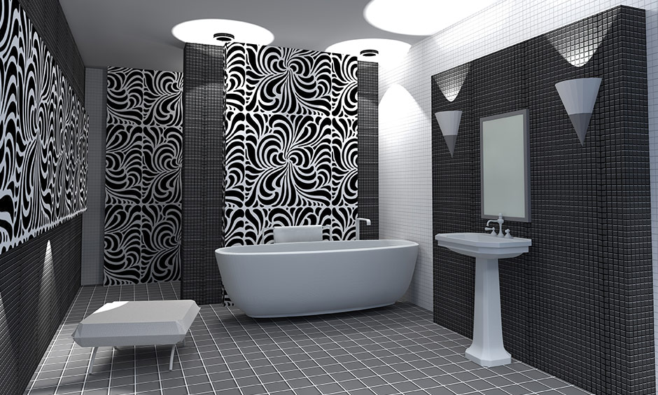 Modern black and white bathroom with black and white bathroom wall art