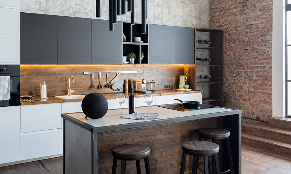 Black and white industrial kitchen design with wooden furniture and black and white kitchen cabinets