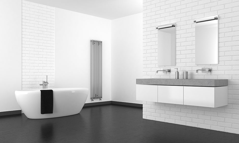 Best black and white subway tile bathroom idea with black flooring