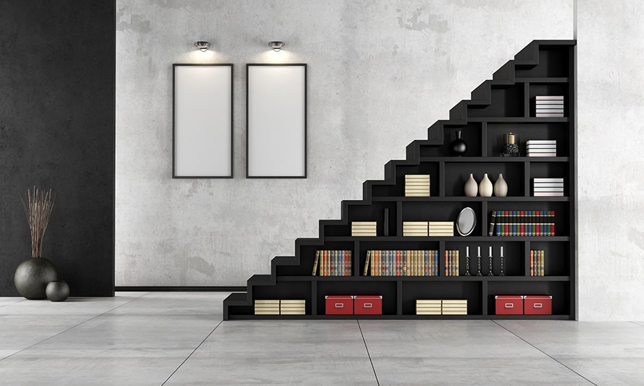 Bookshelf decoration under the staircase with storage for your home