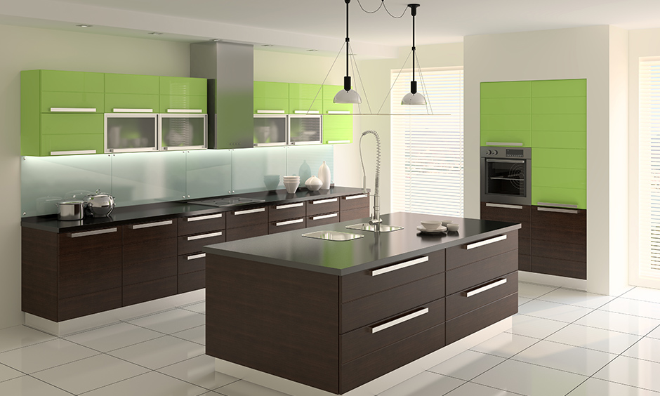 Combination of brown and green kitchen cabinets will reflect the theme of nature flawlessly.