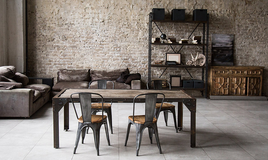 Brown color for brown furniture where unfinished and finished brick walls lend an industrial look