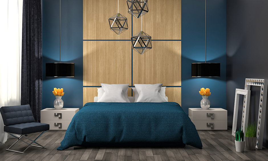 Brown two colour combination for bedroom walls with modern styled bedroom with blue walls and wooden panelled wall