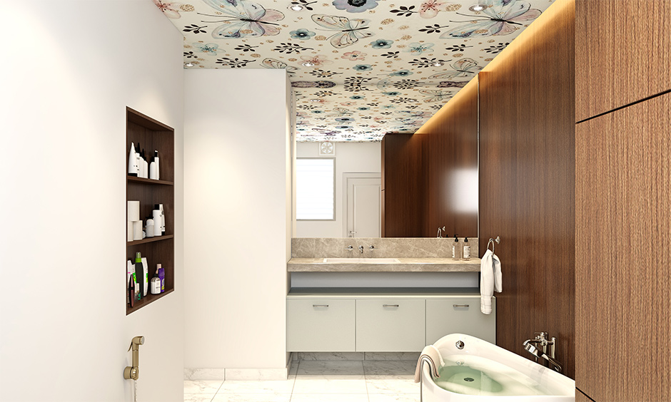 Ornate butterfly-themed bathroom ceiling wallpaper