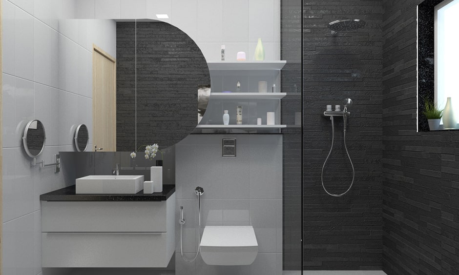 Modern black and white bathroom with charcoal shower and grey bathroom wall tiles