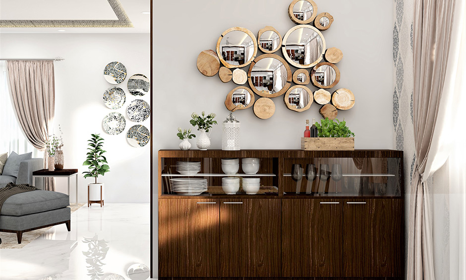 Mirror design with clustered wall mirror designs in wooden frames look earthy, rustic and brims with the abstract appeal.