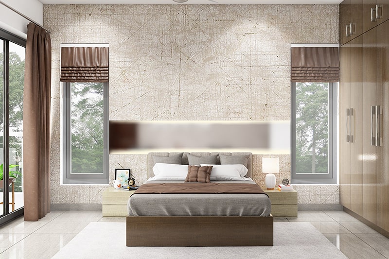 Latest window curtain design with a faux leather shades makes a bold and sleek statement in bedroom