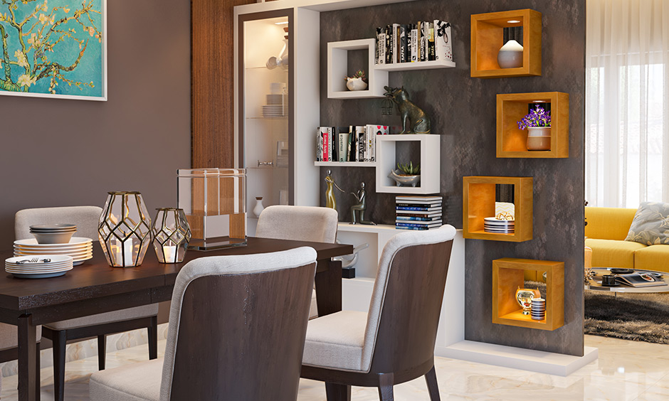 Dining room wall decor with floating shelves provide extra storage and look sophisticated too.