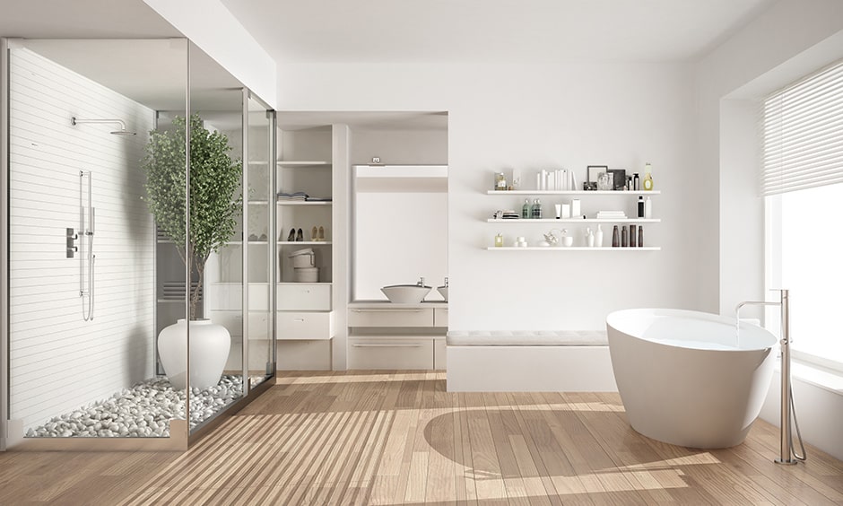 White bathroom floating shelves in the all-white luxury bathroom interior