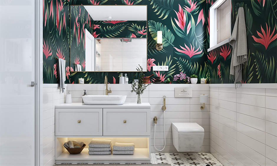 Floral wallpaper for bathroom walls resembles a nature vibe