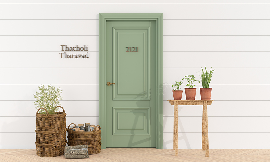 Front door paint color ideas with live green colour and contrasting tones 