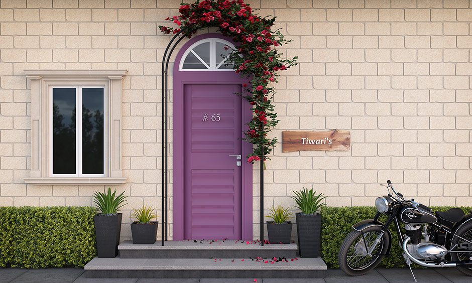 Front door paint colors with purple and flowering bush crowns