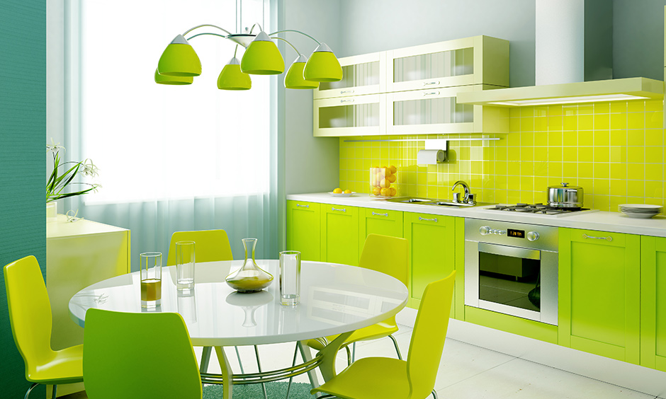 All lime green colour kitchen brings to mind feelings of youthfulness and playfulness.