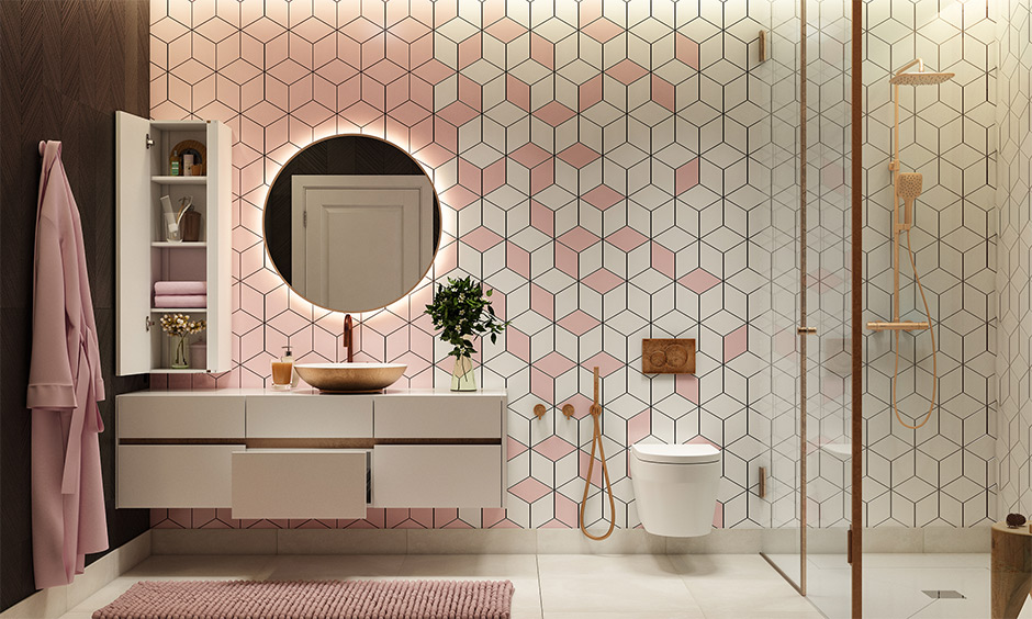 Geometric-shaped bathroom wallpaper in white and blush pink lends a refreshing yet luxurious vibe